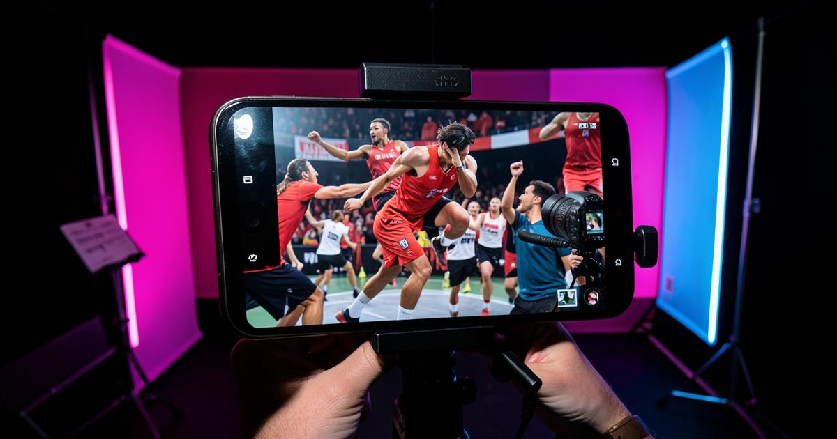 A smartphone camera rig filming an energetic athletic campaign in a colorful studio